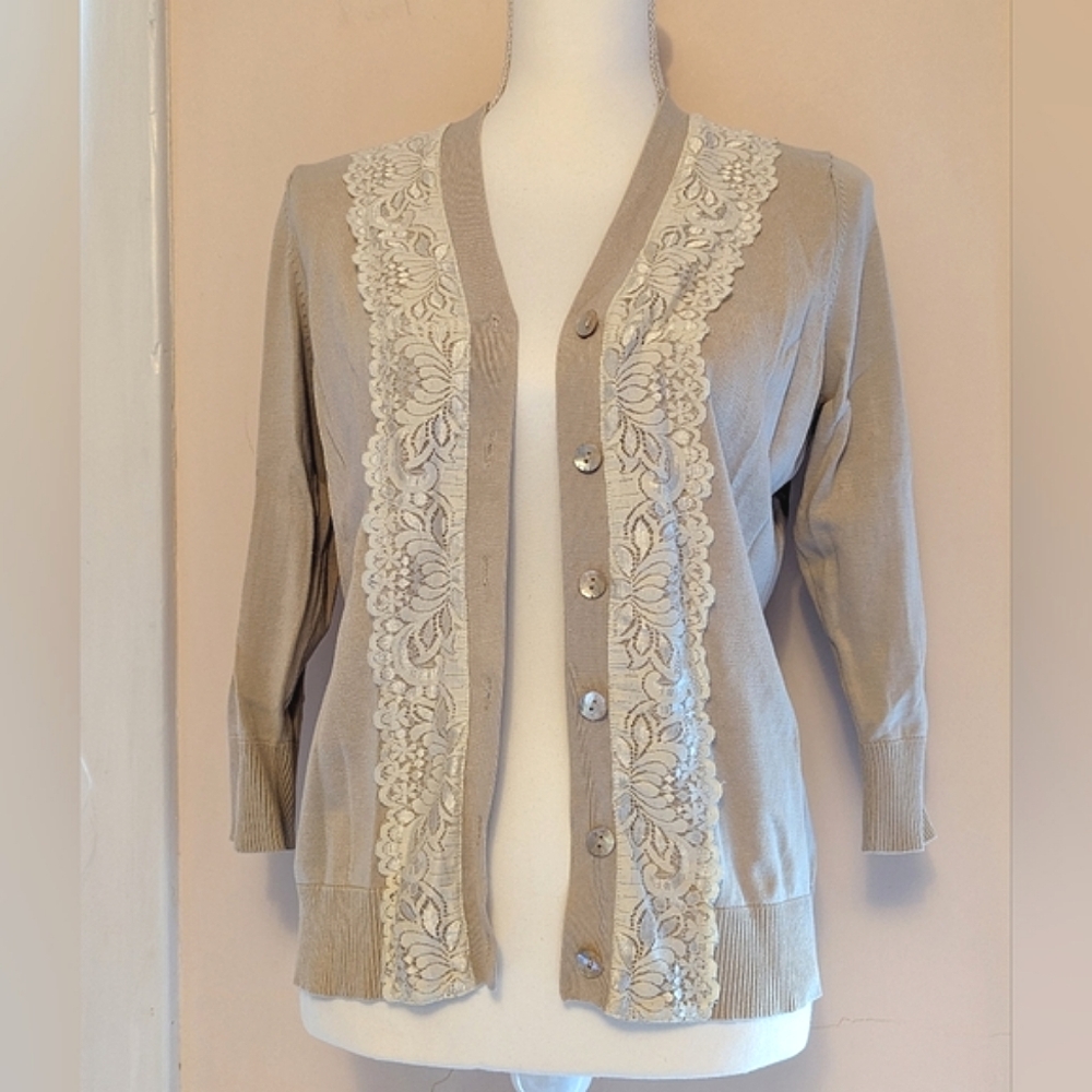 August Silk Blend Cardigan Button Down Lace Trim Beige Cream Med/large